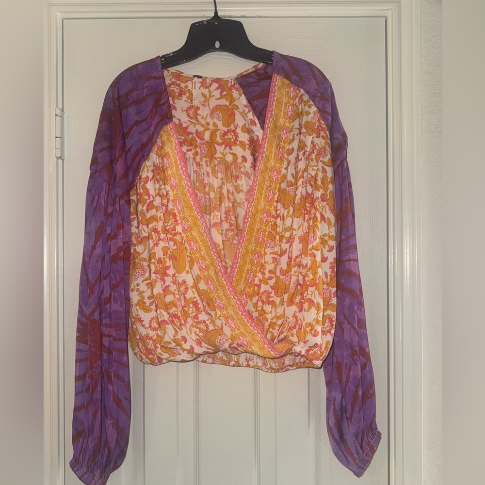 Free People Floral Blouse with Purple Sleeves